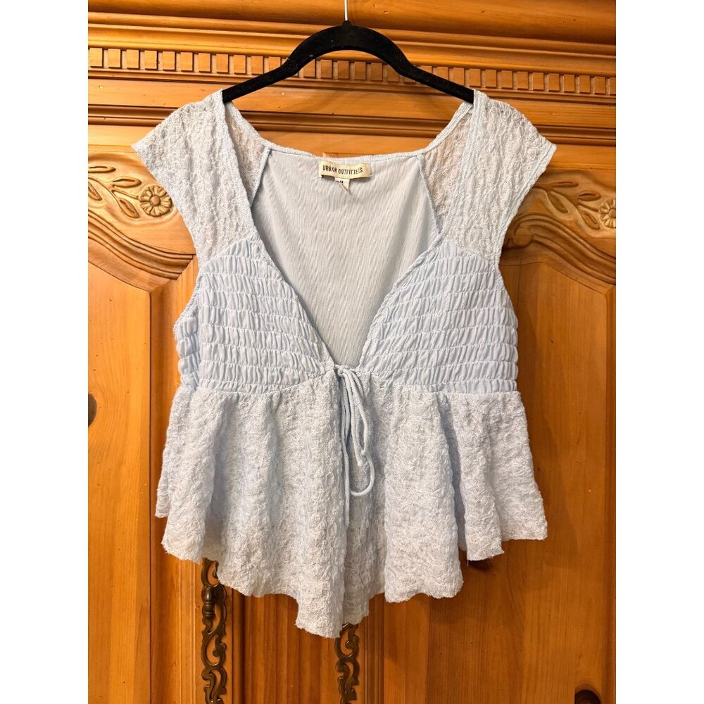 Urban Outfitters Light Blue Textured Peplum Top Smocked Bodice Size M